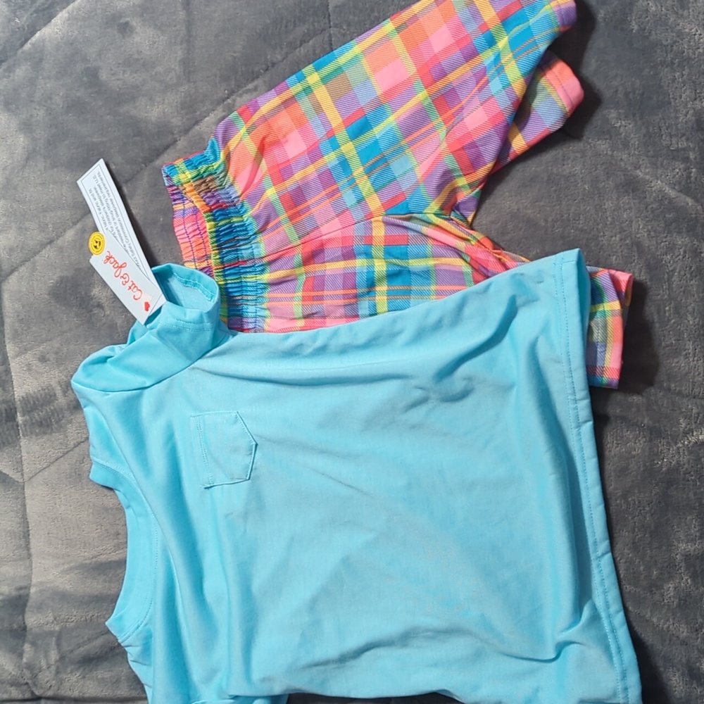 Girls Pajamas PJs Blue Shirt Pink Plaid Shorts